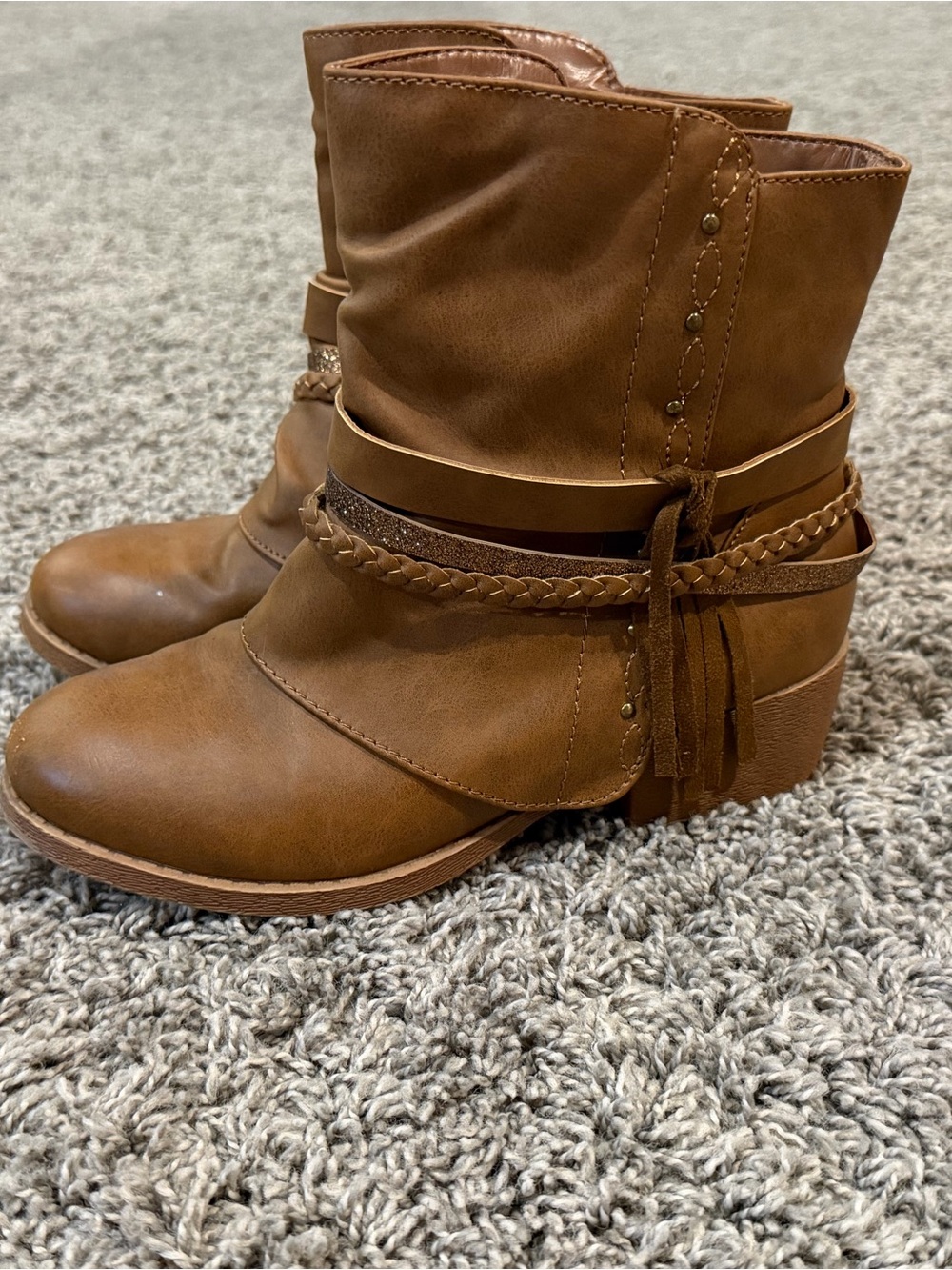 Girls Brown Ankle Boots with ankle details and zippers, size 3